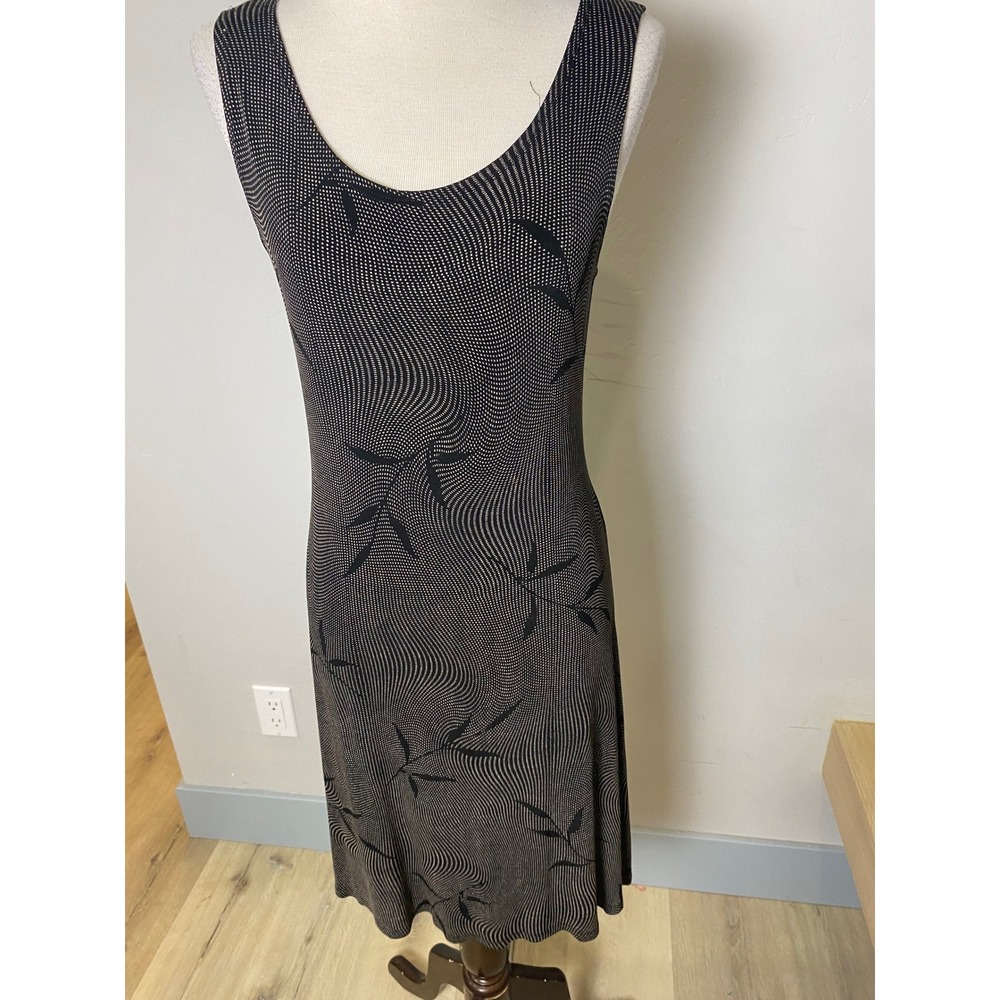 Teddi Dresses Black Tan Optical Illusion Dot Leaf Print Stretchy Midi Dress